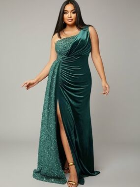 Miss Ord Emerald Green Velvet Sequin One Shoulder Maxi Dress High Slit Sz S